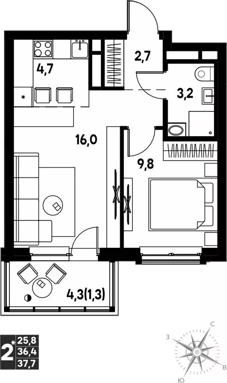 2-комнатная квартира: Кондратово, проспект Дягилева, 3 (37.7 м) - Фото 0