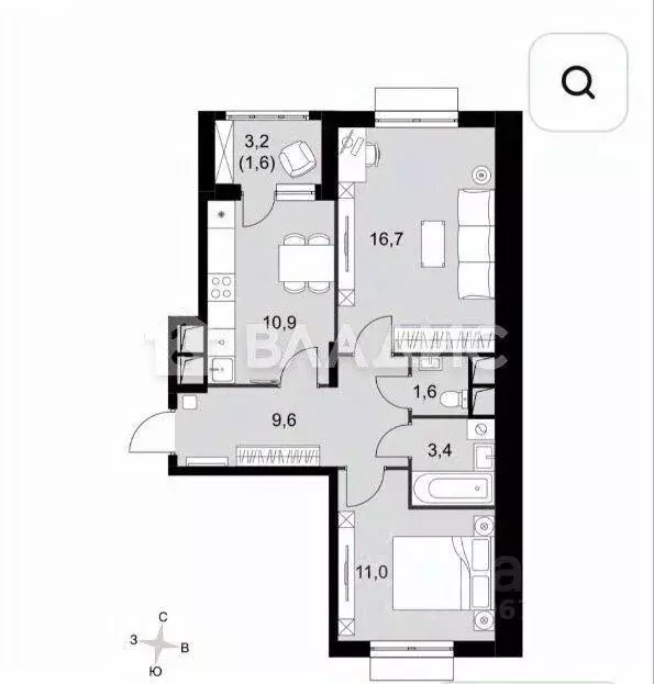 Квартира, 2 комнаты, 54.8 м - Фото 2