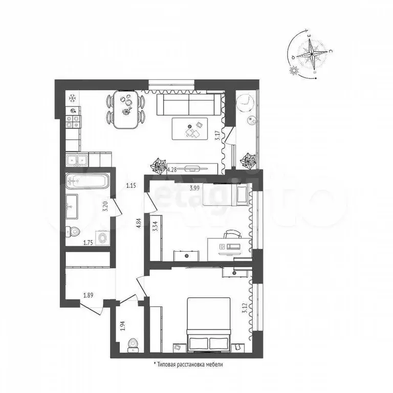 2-к. квартира, 61,7 м, 2/9 эт. - Фото 0