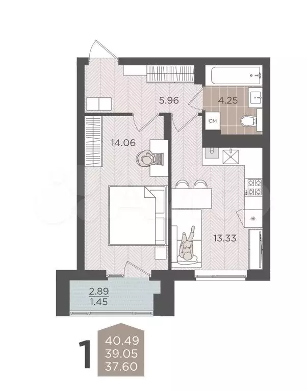 1-к. квартира, 39,1 м, 2/9 эт. - Фото 1