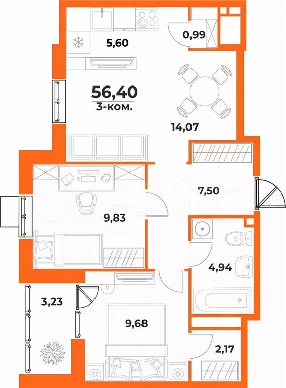 3-к. квартира, 56,4 м, 2/10 эт. - Фото 0