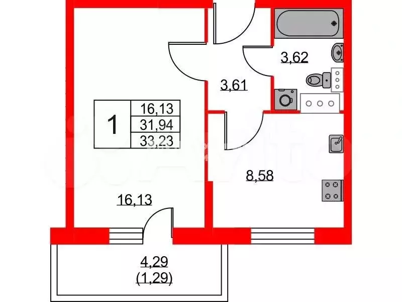 1-к. квартира, 31,9 м, 6/10 эт. - Фото 0