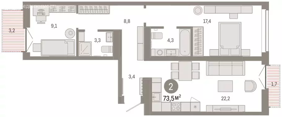 2-комнатная квартира: Тюмень, улица Республики, 205к2 (73.2 м) - Фото 1