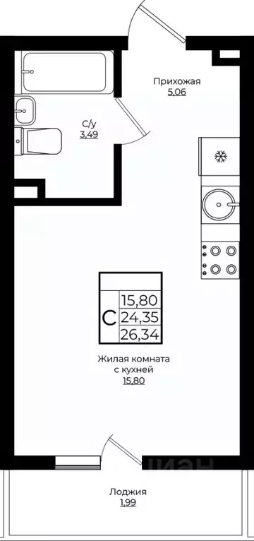 Студия Краснодарский край, Краснодар Европа-Сити жилой комплекс (25.54 ... - Фото 1