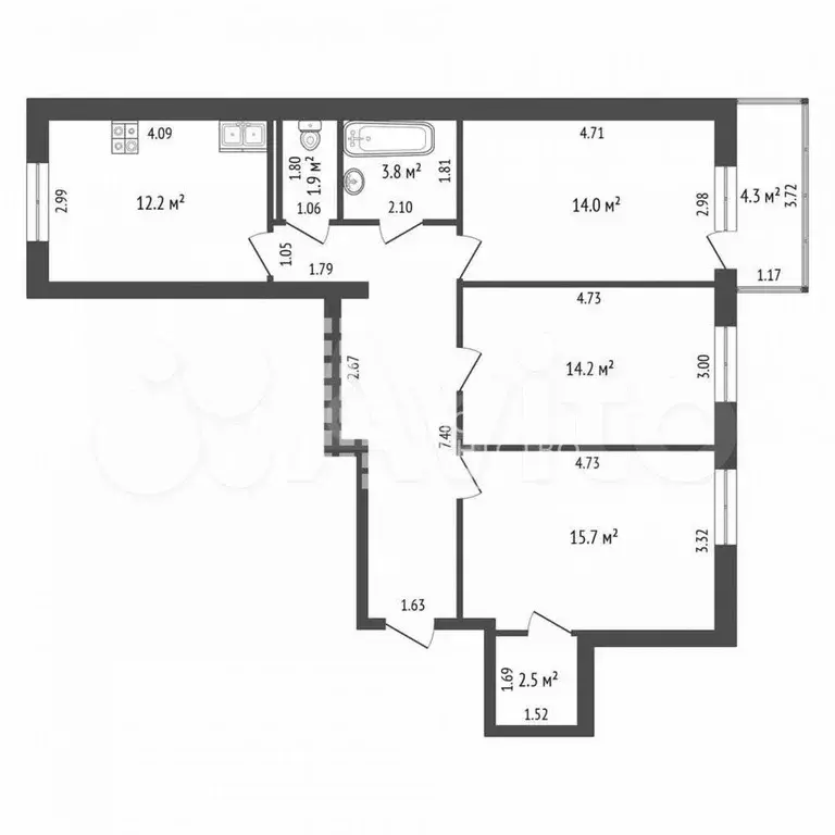 3-к. квартира, 79,5 м, 3/9 эт. - Фото 0