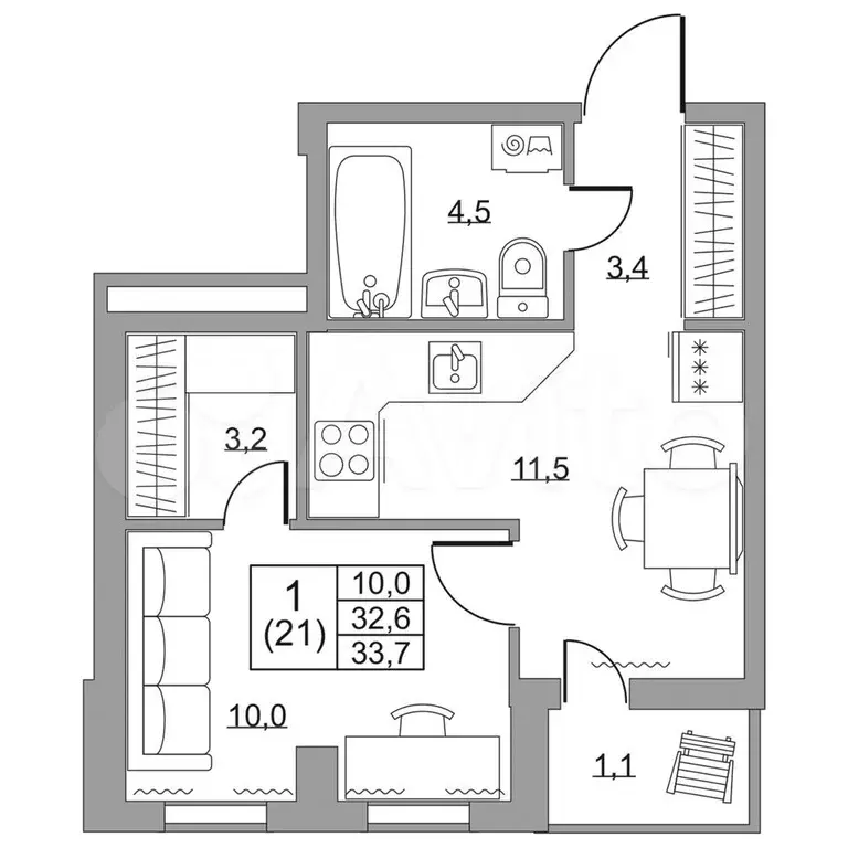 1-к. квартира, 33,7 м, 1/8 эт. - Фото 1