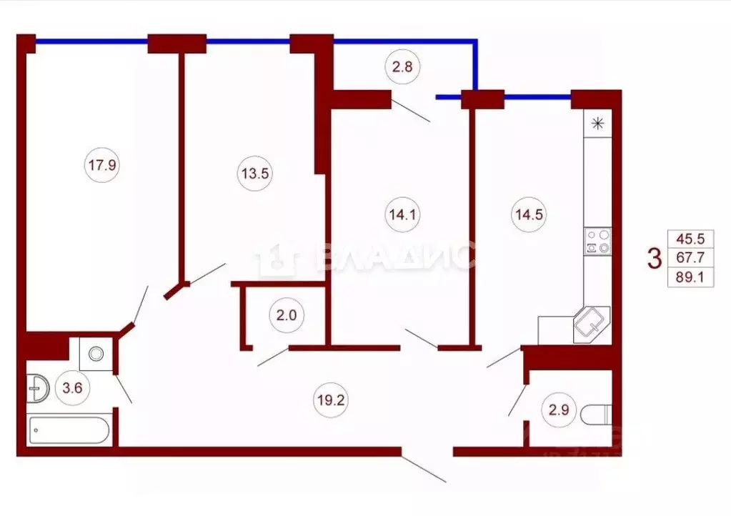 3-к кв. Воронежская область, Воронеж ул. Станкевича, 45к1 (89.0 м) - Фото 2