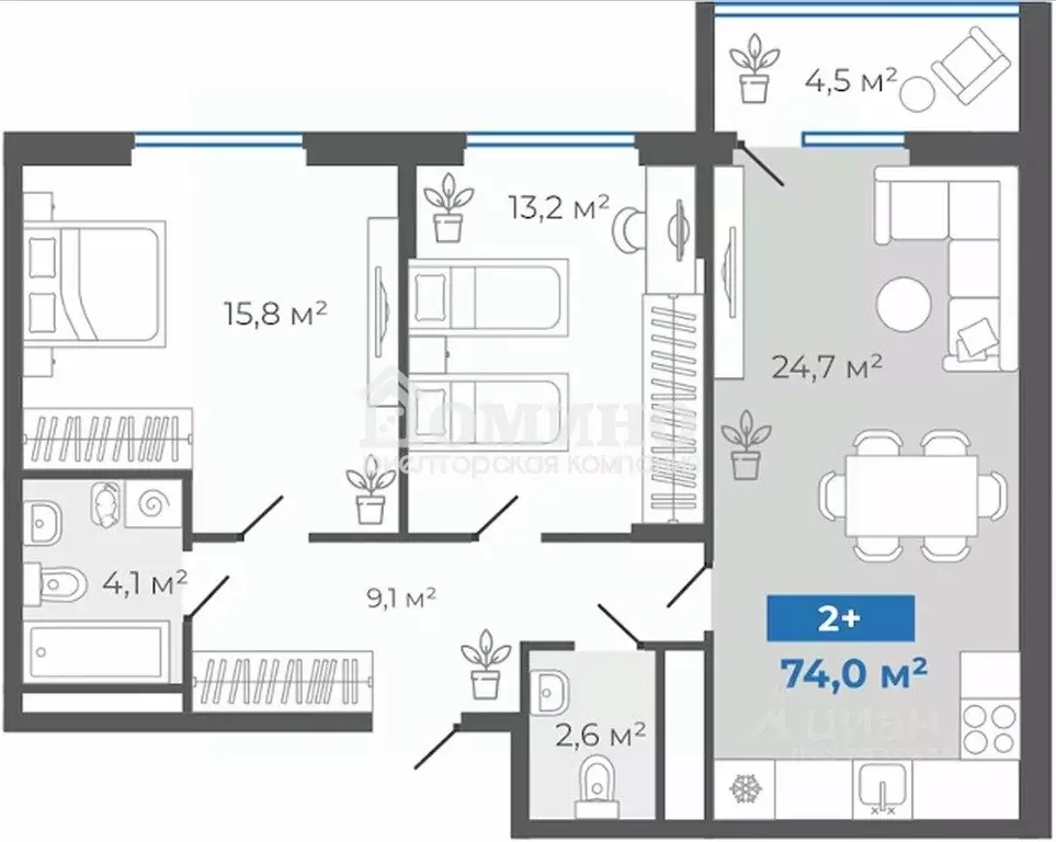 2-к кв. Тюменская область, Тюмень Интернациональная ул., 199А (69.2 м) - Фото 2