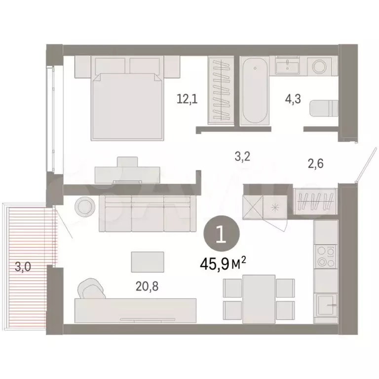 1-к. квартира, 45,9 м, 7/25 эт. - Фото 1