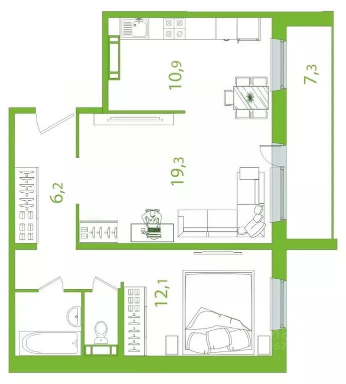 2-к кв. Томская область, Томск ул. Пришвина, 52 (60.23 м) - Фото 0