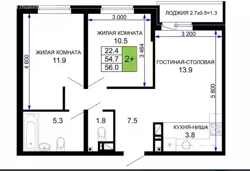 2-комнатная квартира: Краснодар, жилой комплекс Дыхание (56 м) - Фото 0