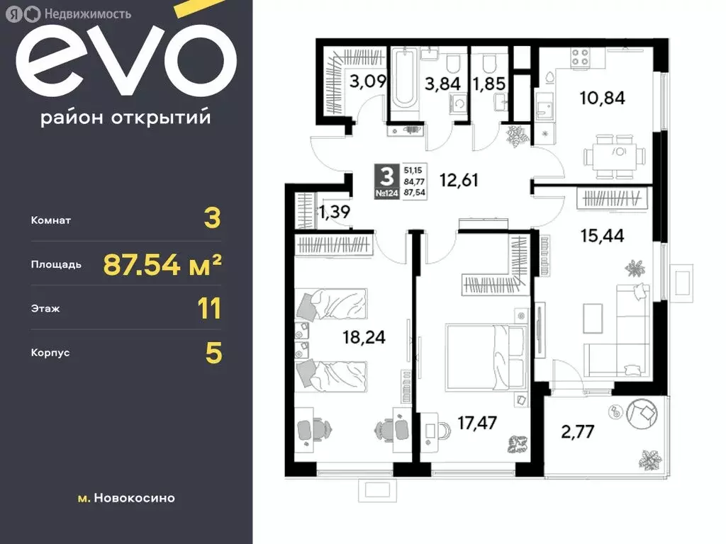 3-комнатная квартира: Реутов, жилой комплекс Эво, к5 (87.54 м) - Фото 0
