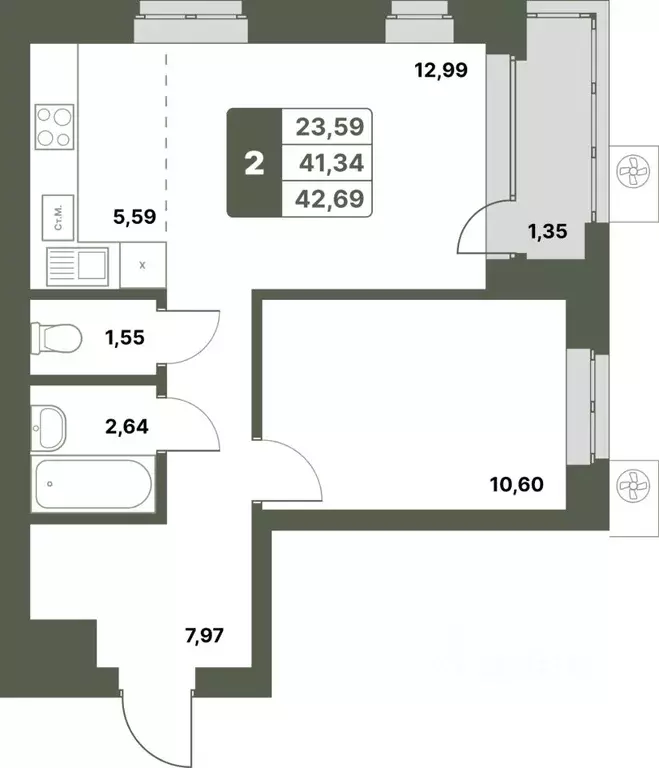 2-к кв. Башкортостан, Уфимский район, с. Миловка  (42.69 м) - Фото 1
