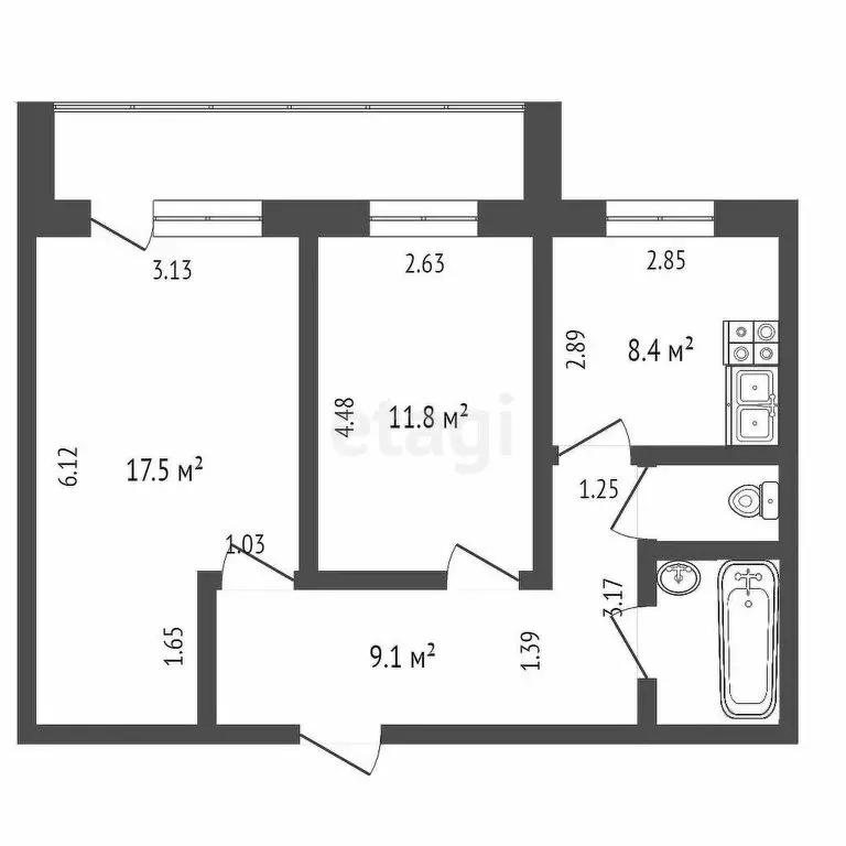 2-комнатная квартира: Тюмень, Фабричная улица, 1 (50.4 м) - Фото 1