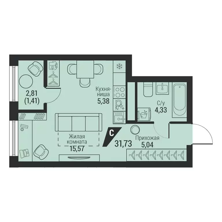1-комнатная квартира: Екатеринбург, проспект Космонавтов, 100 (31.73 ... - Фото 1
