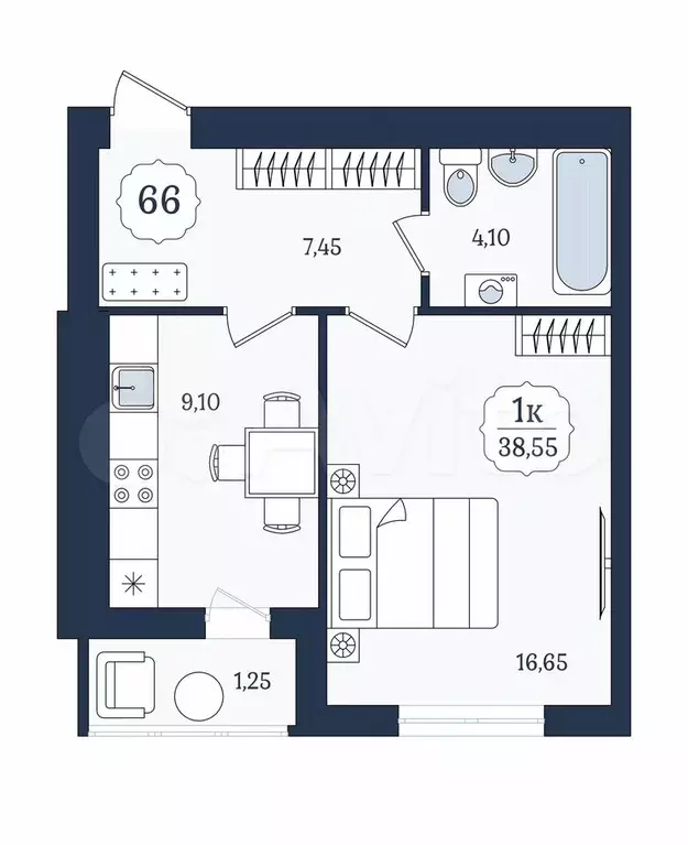 1-к. квартира, 38,6 м, 8/9 эт. - Фото 1