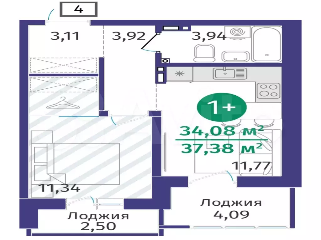 1-к. квартира, 34,1 м, 4/14 эт. - Фото 0
