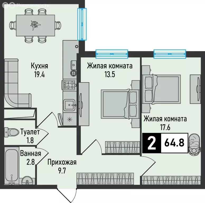 2-комнатная квартира: Железноводск, посёлок Иноземцево, посёлок ... - Фото 0