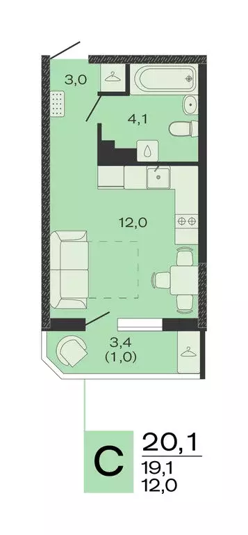 Квартира-студия: станица Марьянская, ЖК Дзенпарк (20.1 м) - Фото 0