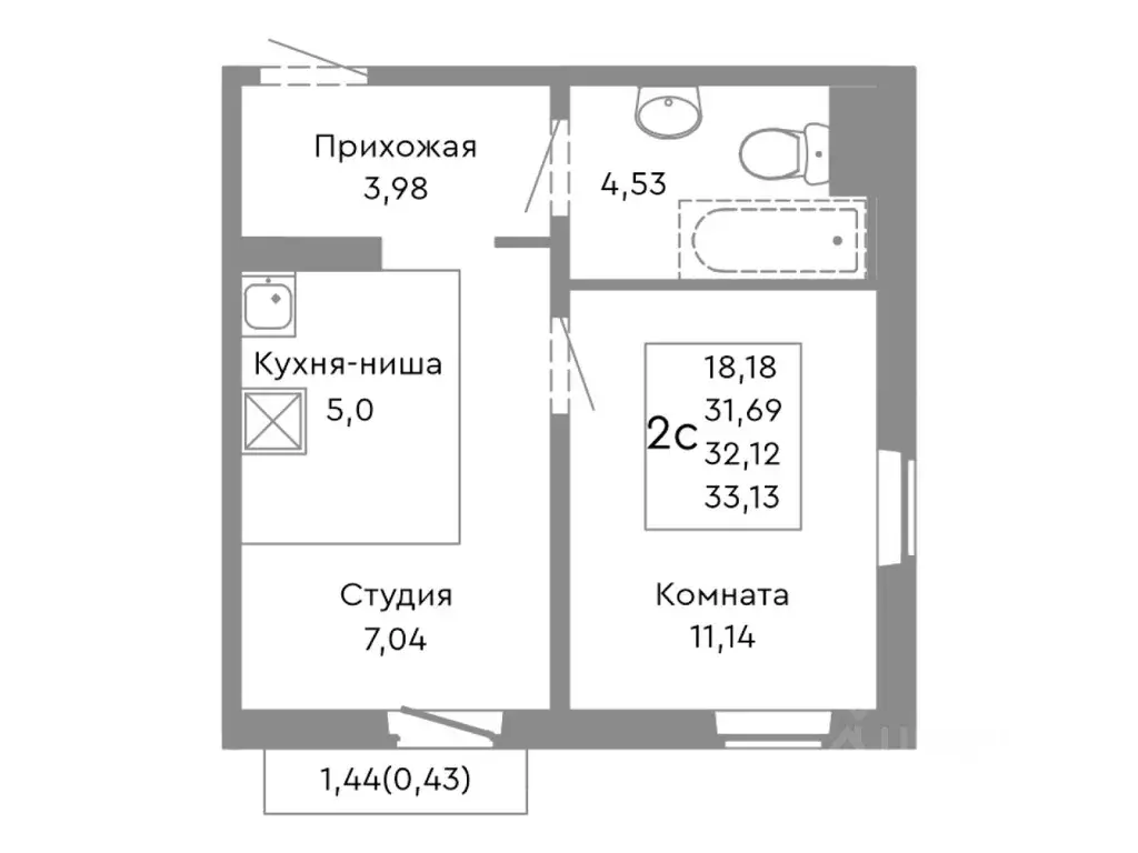 2-к кв. Челябинская область, Челябинск ул. Танкистов, 175 (32.12 м) - Фото 1