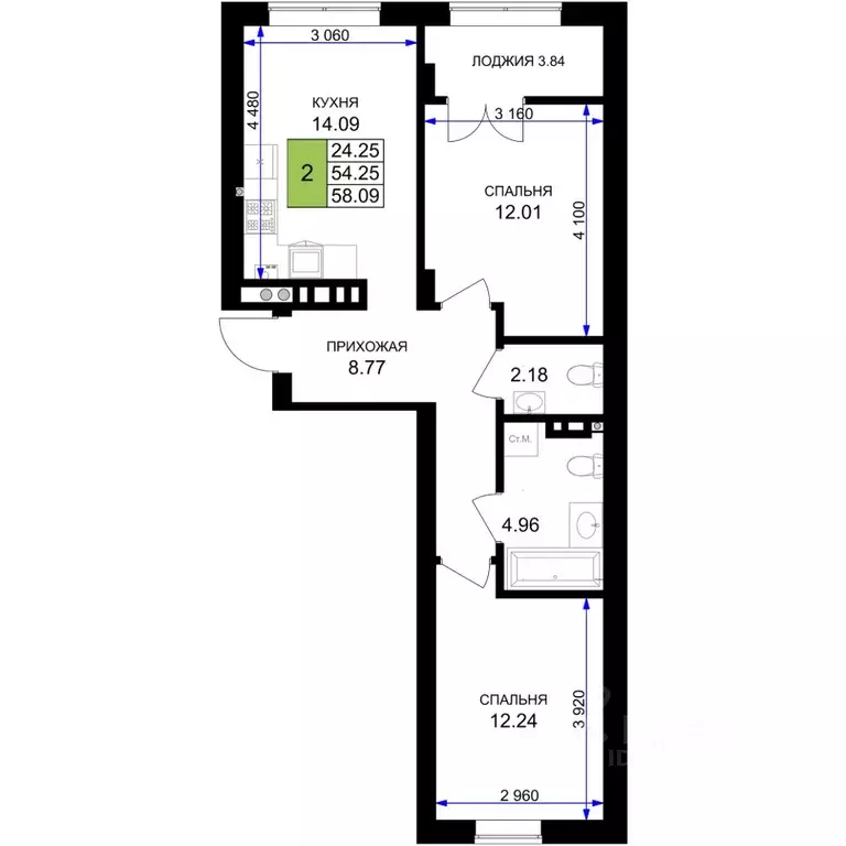 2-к кв. Калининградская область, Гурьевск Включи жилой комплекс (58.09 ... - Фото 1