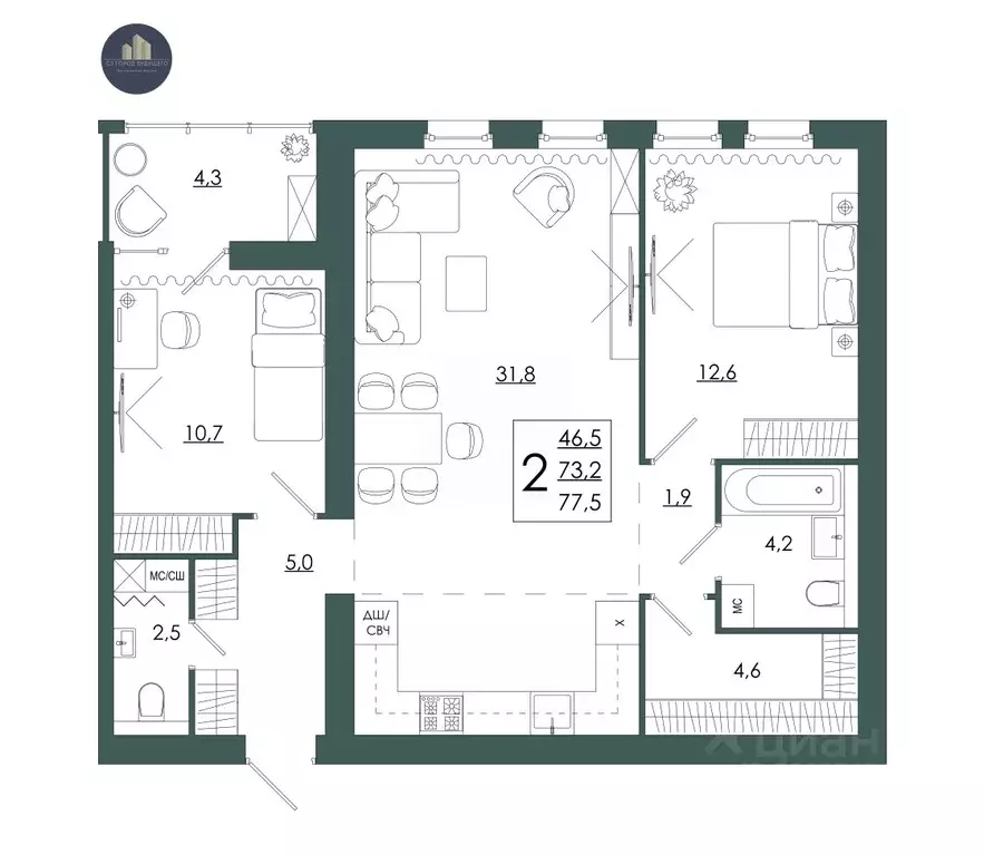 2-к кв. Смоленская область, Смоленск ул. 2-я Киевская, 20Ак1 (77.5 м) - Фото 1