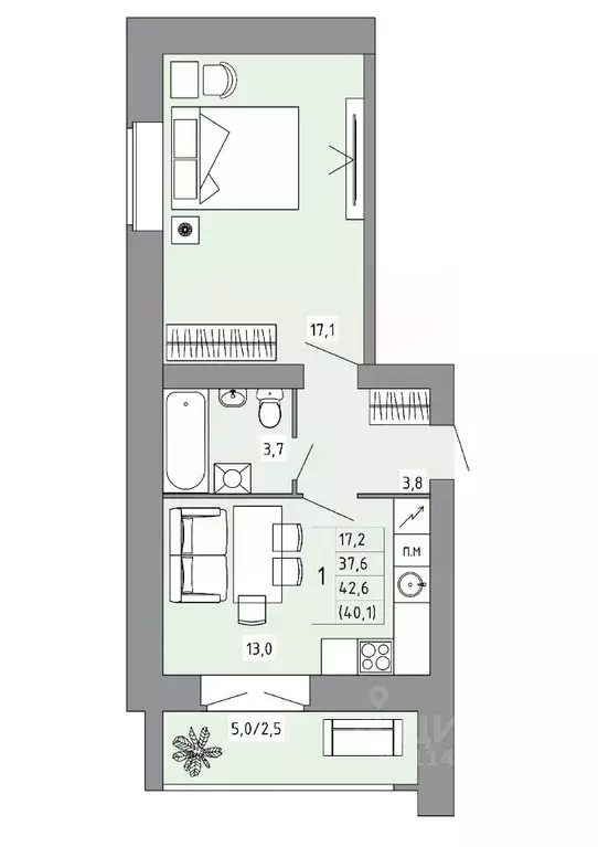 1-к кв. Костромская область, Кострома Калиновская ул., 28А (40.0 м) - Фото 0