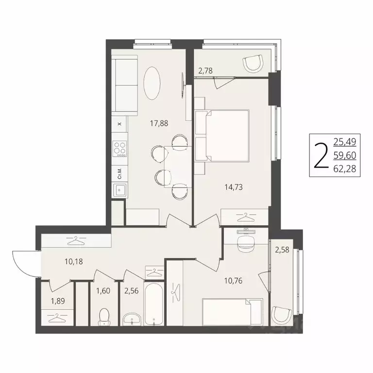 2-к кв. Волгоградская область, Волгоград ул. Степана Разина, 27 (62.28 ... - Фото 1