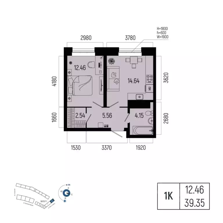 1-к кв. Башкортостан, Уфа Глумилино-1 мкр, Новатор жилой комплекс ... - Фото 1