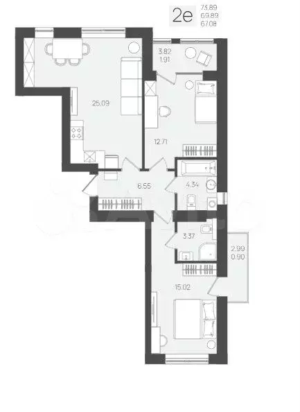 2-к. квартира, 69 м, 5/5 эт. - Фото 1