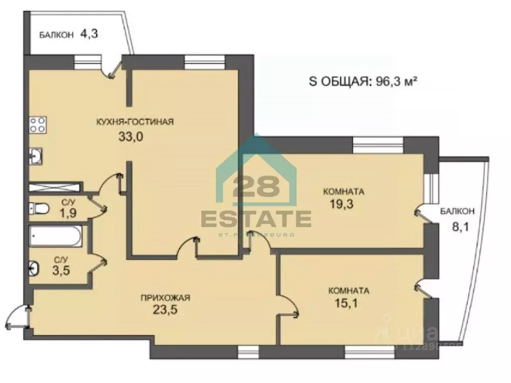 2-к кв. Санкт-Петербург Краснопутиловская ул., 66к2 (96.3 м) - Фото 1