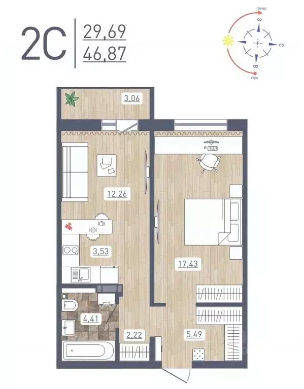 2-к кв. Новосибирская область, Новосибирск ул. Забалуева, 69 (46.87 м) - Фото 0