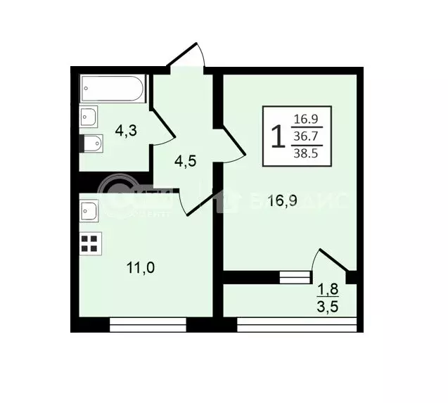 1-комнатная квартира: Воронеж, улица Шишкова, 140Б/6 (38.5 м) - Фото 0