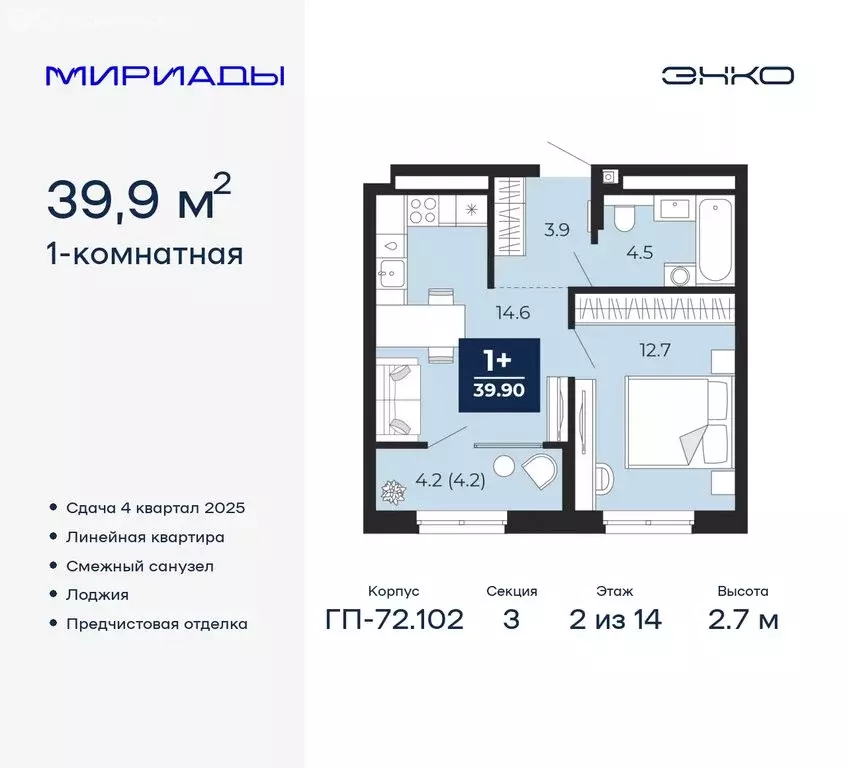 1-комнатная квартира: Тюмень, жилой комплекс Мириады (39.9 м) - Фото 0