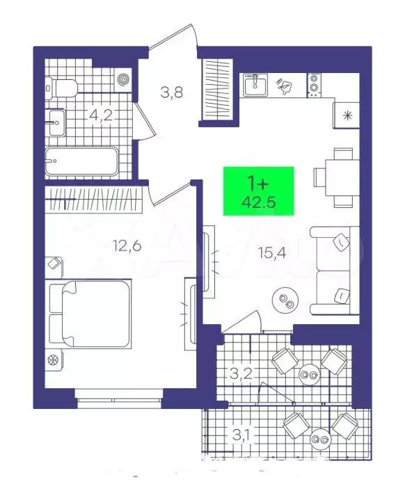 1-к. квартира, 42,6 м, 4/8 эт. - Фото 1