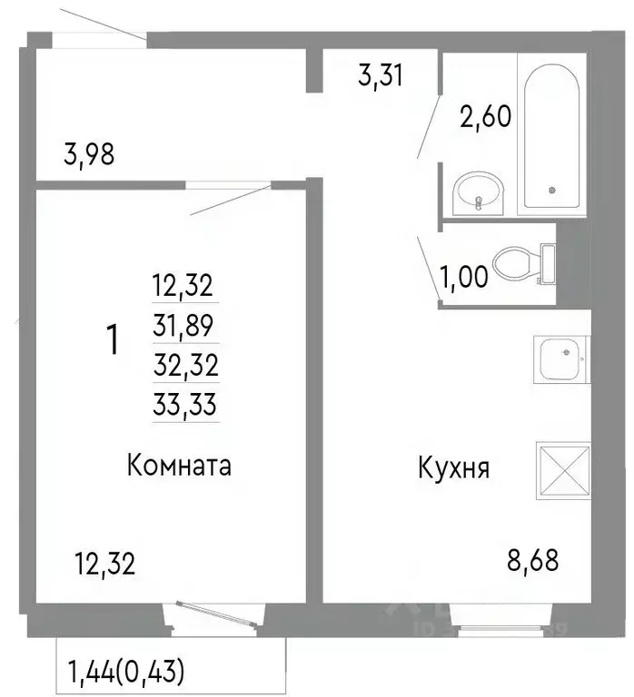 1-к кв. Челябинская область, Челябинск ул. Блюхера, 123К (32.32 м) - Фото 1