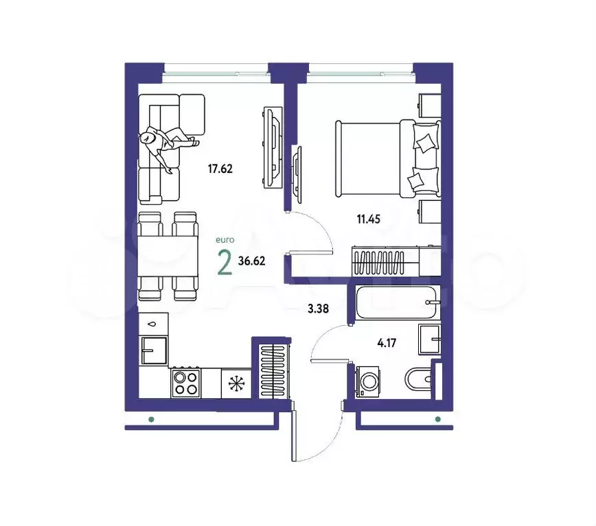 2-к. квартира, 36,6 м, 2/14 эт. - Фото 1