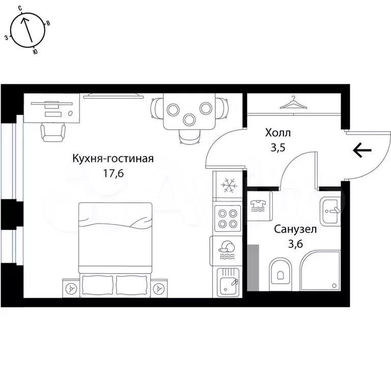 Квартира-студия, 24,7 м, 1/3 эт. - Фото 0