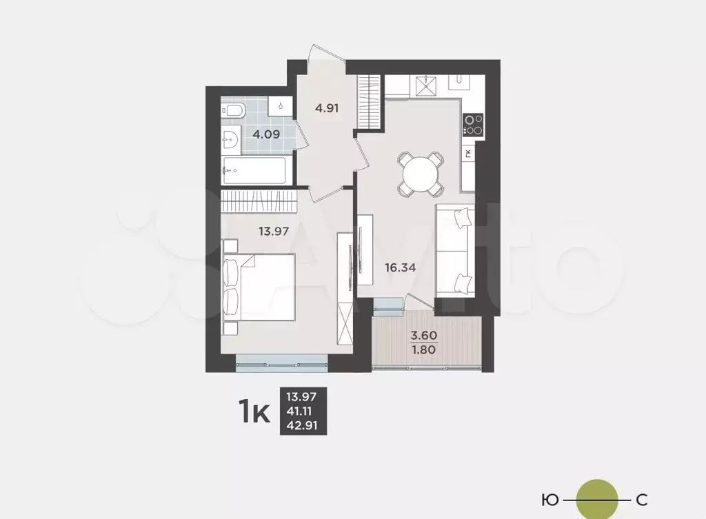 1-к. квартира, 41 м, 3/9 эт. - Фото 1