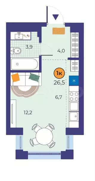 Квартира-студия, 26,8 м, 2/19 эт. - Фото 1