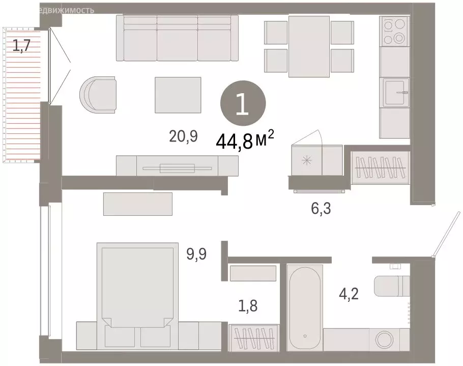 2-комнатная квартира: Тюмень, улица Республики, 205к2 (44.8 м) - Фото 2