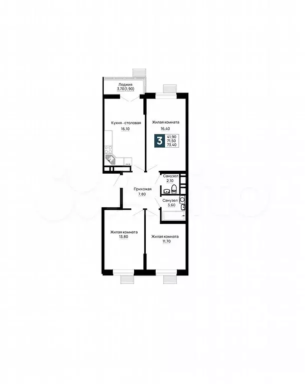 3-к. квартира, 73,4 м, 3/9 эт. - Фото 1