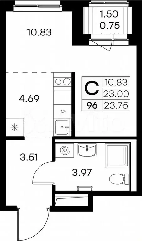 Квартира-студия, 23,8 м, 7/9 эт. - Фото 0