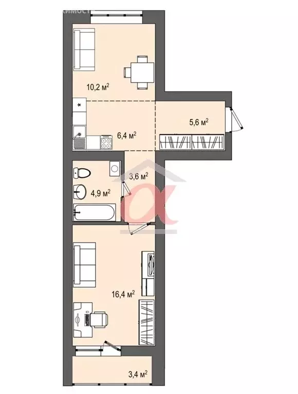 2-комнатная квартира: Кемерово, Космическая улица, 2Б (50 м) - Фото 0