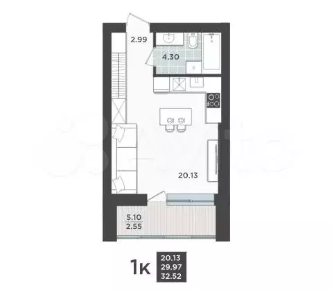 1-к. квартира, 32,5 м, 5/9 эт. - Фото 1