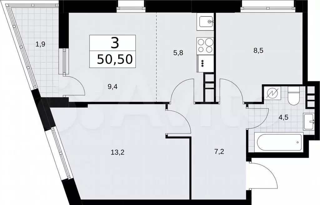 3-к. квартира, 50,5м, 6/10эт. - Фото 1