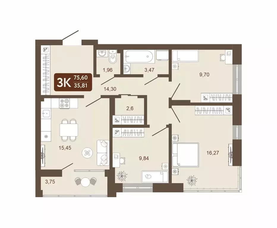 3-к кв. Кемеровская область, Кемерово 58В мкр, 1 (75.6 м) - Фото 0
