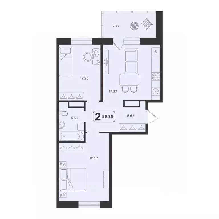 2-к кв. Тюменская область, Тюмень Горизонт жилой комплекс (59.86 м) - Фото 1