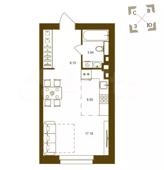 Квартира-студия, 32,2 м, 2/16 эт. - Фото 1