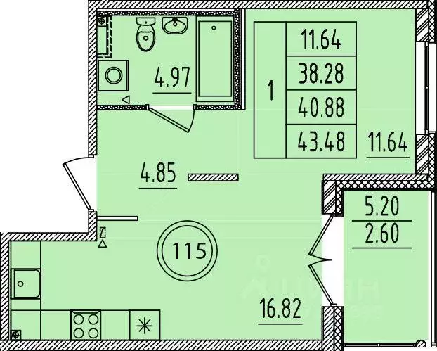Квартира, 1 комната, 38.28 м - Фото 1